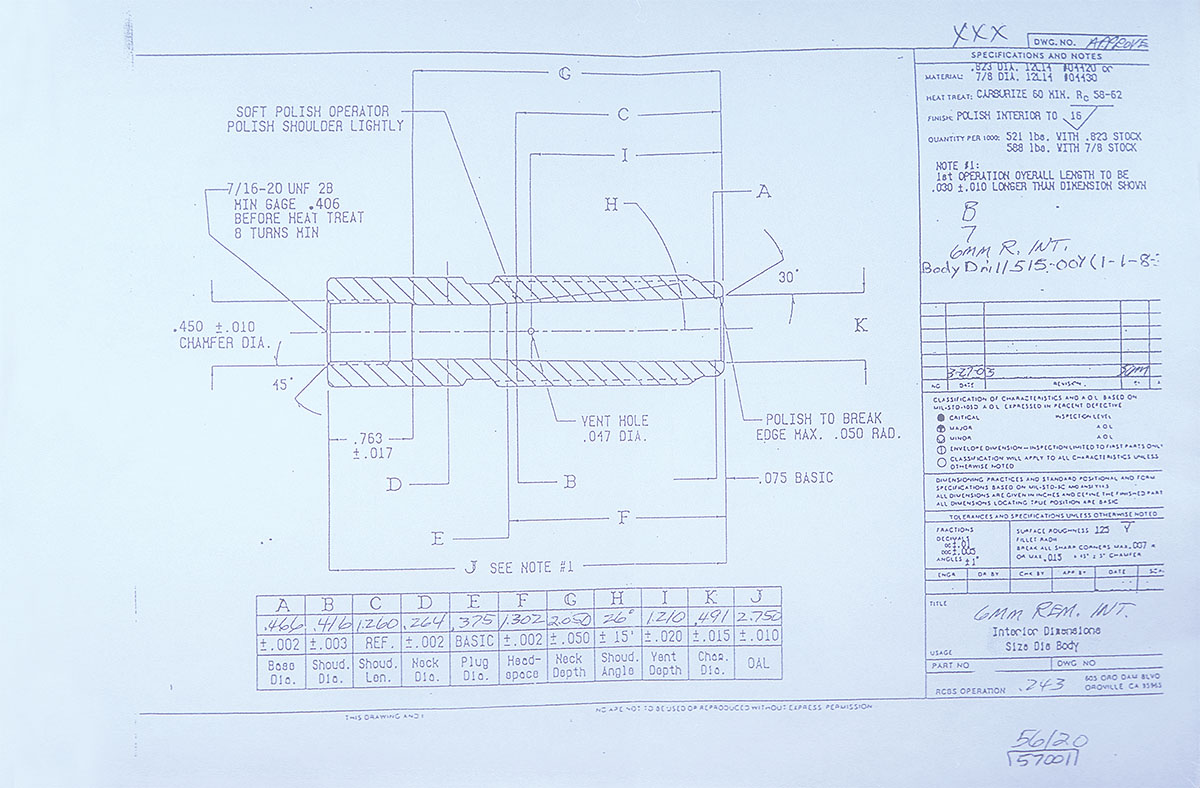 The 6mm Remington International size die body specifications from RCBS.